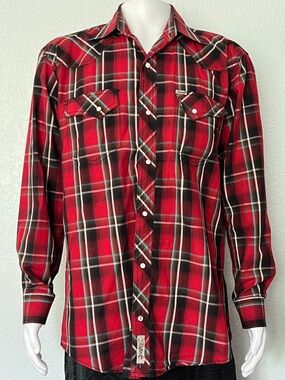 Western Pearl Snap Plaid Shirt Men’s Size Large Rafter C Cowboy Rodeo Ranchwear
